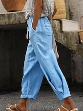 Χαμηλού Κόστους Βασικά Ψεύτικα Κάτω-Γυναικεία Βαμβακερό λινό παντελόνι κινέζικα Ίσια Διακοπές Βασικό Καθημερινό Πλήρες μήκος Ψηλή Μέση Σκέτο Τσέπη Ελαστική ζώνη μέσης Άνετα Άνεση Moale Μικροελαστικό