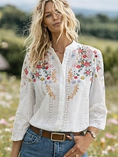 cheap Floral Blouses-Women's Blouse Embroidered Print Floral Stylish Casual Long Sleeve V Neck Mandarin Collar Regular Tops Daily Blue Red Green Summer Spring Fall