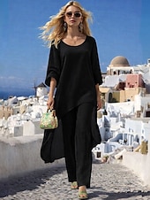 economico Imposta-Per donna Camicie di cotone e lino Set di Pantaloni Bolero Manica Lunga Girocollo Tinta unica Moda Streetwear Casuale Quotidiano All'aperto Blu Nero Bianco Estate Vestibilità regolare