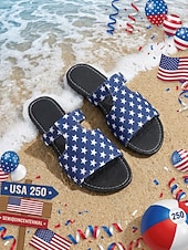  Dámské sandály s hvězdným potiskem k 250. výročí USA - pohodlné modré pantofle na přehlídky, vlastenecké akce, neformální výlety a letní oslavy