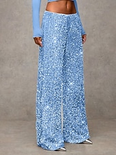 baratos perna larga e cintura alta-Mulheres Calças Calça casual Reto Moda Roupa de rua Básico Comprimento total Cintura Alta Tecido Paetês Bolsos Cintura elástica Confortável Micro-Elástica Diário Férias Festa Preto Azul Marinha Azul