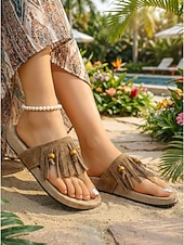 Χαμηλού Κόστους Γυναίκες-Γυναικεία καφέ σανδάλια στρινγκ με κρόσσια και ξύλινες χάντρες – φλατ σανδάλια σε στιλ boho σουέτ για υπαίθρια θέρετρα, διακοπές στην παραλία και τροπικά ταξίδια