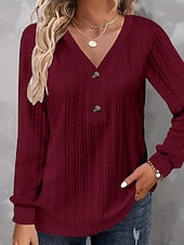 cheap Plain Blouses-Women's Tunic Popover Shirt Casual Shirt Blouse Buttons Solid Color Vacation Vintage Stylish Long Sleeve V Neck Regular Tops Daily Outdoor Holiday Blue Black White Red Purple Spring Fall