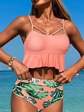 levne Sady bikin-Dámské Plavky Bikiny 2 ks Vysoký pas Plavky Vysoký pas Štíhlý Volná záda prázdniny Oblečení na pláž Tropický vzhled Do V Bez rukávů Plavky