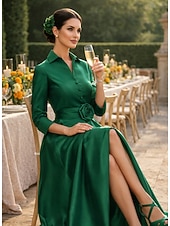 abordables Largo del piso-Corte A Hasta el Suelo Vestido de Camisa Vestido Invitada Boda Vestido formal Vestido de Madrina Manga 3/4 Cuello Camisero Elegante Boda Formal Tafetán Satén elástico con Abertura