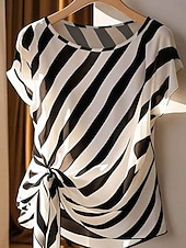 abordables Camiseta a rayas y geométrica-Mujer Camiseta Camiseta superior Estampado A Rayas Moda Elegante Clásico Manga Corta Cuello Barco Tops regulares Diario Noche Fin de semana Negro Rojo Verde Trébol Verano Primavera