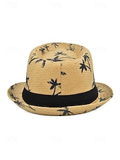 abordables Accesorios de vacaciones-Sombrero fedora de paja para hombre con estampado de palmeras, ligero y transpirable, tejido para verano, disponible en varios colores, estilo informal de resort para vacaciones en la playa en primavera y uso diario.