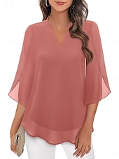 cheap Plain Blouses-Women's Blouse Solid Color Elegant Stylish Casual 3/4 Length Sleeve V Neck Regular Tops Daily Pink Wine Red Royal Blue Green Summer Spring