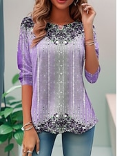 Недорогие Бохо футболка-Женская футболка Boho с градиентным графическим рисунком винтажная мода стильная с длинными рукавами обычный воротник повседневная выходная печать фиолетовая летняя весенне-осенняя