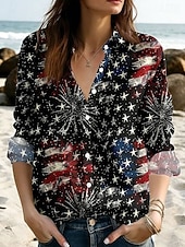  Αμερικανική Ημέρα Ανεξαρτησίας Γυναικεία Μπλούζα Κουμπιά Τύπωμα Γραφικό Σημαία Αμερικής Επέτειος Vintage Στυλάτη Σύγχρονη Μακρύ Μανίκι Κολάρο Κανονικά Κορυφαίες Καθημερινές Μπλε Μαύρο Λευκό Ανοιχτό