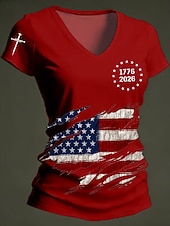abordables Día de la Independencia Top-Día de la Independencia Aniversario Americano Camiseta Patriótica de Mujer Impresión Gráfica Bandera Vintage Elegante Clásico Manga Corta Cuello en V Tops Regulares Diarios Azul Negro Blanco Rojo