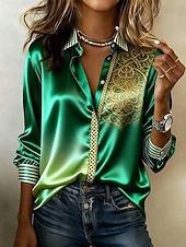 cheap Art&amp;Design Blouses-Women's Shirt Satin Shirt Print Floral Graphic Bohemia Vintage Classic Long Sleeve Shirt Collar Regular Tops Daily Holiday Going out White Gold Green Summer Spring Fall