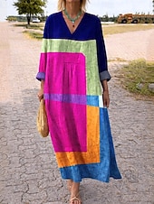 economico Abiti da vacanza-Abito Midi da Donna V Collo Maniche Lunghe Kaftan Leggero Comodo A Line Abito Casual Boho Uscita Grafica Geometrica Strisce Maniche Lunghe V Collo Arancione Rosso Nero Giallo Rosa