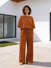 economico Imposta-Completo pantaloni da donna in lino al 15%, completo in lino, tinta unita, tasca, elastico in vita, t-shirt, pantalone, casual, a maniche lunghe, girocollo, blu, nero, bianco, blu navy, marrone chiaro, estate, primavera