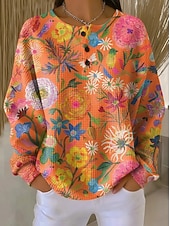 preiswerte Blumen-Hoodies-Damen Pullover Sweatshirt Knöpfe Blumen Grafik Mode Lässig Druck Langarm Rundhalsausschnitt Normale Oberteile Lässig Heim Arbeit Blau Schwarz und Rot Hellgrün Purpur Orange Sommer Frühling