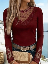 abordables Tops de Encaje-Mujer Camiseta Camiseta burdeos Top de patchwork de malla Camiseta de encaje Encaje Retazos Floral Elegante Vintage Moda Manga Larga Escote Redondo Tops regulares Casual Fin de semana Negro Vino Azul