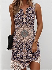 voordelige Boho Jurken-Dames Mini-jurk Hemdjurk Zonnejurk Zomerjurk Off-the-shoulder jurk Vakantie Casual Boho Dagelijks Feestdagen Uitgaan Normale pasvorm Grafisch Tribal Mouwloos V-hals blauw Marine Zwart Wijn Zomer Lente