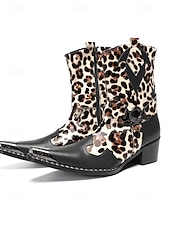 baratos Homens-Botas masculinas de couro legítimo para festivais, com estampa de leopardo, ideais para música.