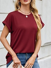 tanie gładka koszulka-Damskie Podkoszulek Koszulka Jednokolorowe Moda Elegancki Podstawowy Krótki rękaw Półgolf Zwykłe topy Codzienny Wyjściowe Weekend Czarny Rumiany róż Wino Fioletowy Zielony Lato Wiosna