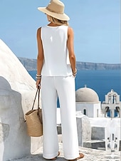 economico Set Coordinati di Lusso-Per donna Set di biancheria in cotone Gilet in cotone e lino Set di Pantaloni Senza Maniche Girocollo Tinta unica Moda Streetwear Casuale Quotidiano All'aperto Bianco Giallo Beige Estate Vestibilit