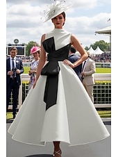 ieftine Rochii de seară cu talie empire-Haine Bal Lungime Gleznă Rochii de bal Rochii de seara Rochie De Bal Rochie formală Elegant 1950 Bloc de Culoare Fără manșon Gât Înalt Bal Invitat la nunta Satin cu Arc