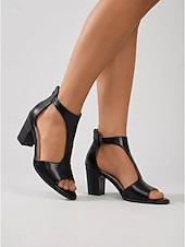 preiswerte Absatzsandalen-Schwarze Damen-Sandalen mit Blockabsatz – elegante, mittelhohe Schuhe mit T-Riemen und Knöchelunterstützung für Büro und Alltag &amp;halbformelle Veranstaltungen