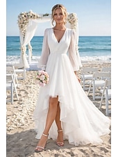 economico Piccole vestiti bianchi-Matrimonio sulla spiaggia addio al nubilato piccolo abito bianco abiti per addio al nubilato abiti da matrimonio A-Line scollo a V manica lunga asimmetrico chiffon abiti da sposa con colore solido