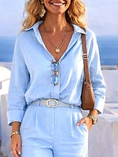 tanie Niezbędne zestawy akcesoriów Faux-Damskie Zestawy spodni Bolerko górne Sztuczna bawełna len Długi rękaw W serek Jednokolorowe Moda Moda miejska Codzienny Na zewnątrz Urlop Niebieski Lato Regularny