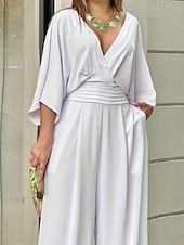abordables monos casuales-Mujer Normal Mono Elegante Color sólido Manga 3/4 Perneras anchas Escote en Pico Bolsillo Diario Vacaciones Holgado Azul Piscina Negro Blanco Verano