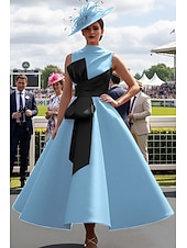 ieftine Rochii de seară cu talie empire-Haine Bal Lungime Gleznă Rochii de bal Rochii de seara Rochie De Bal Rochie formală Elegant 1950 Bloc de Culoare Fără manșon Gât Înalt Bal Invitat la nunta Satin cu Arc