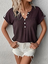 economico T-shirt semplice-Per donna Maglietta Bottoni Semplice Moda Elegante Classico Manica Corta Scollo a V Top lunghi Quotidiano Uscire Weekend Blu Nero Viola Verde Caffè Estate Primavera