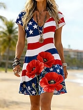  Giorno dell'Indipendenza Americana Per donna Mini Abito Vestito Estivo Vestito T-Shirt Abito a trapezio Vacanza Casual Boho Spiaggia Vestibilità regolare Floreale Grafico Bandiera Manica Corta Scollo