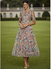 Недорогие Длина щиколотки-А-силуэт Платья Ниже колена Коктейльные платья Свадебное платье для гостей Платье для матери невесты Рукав до локтя Вырез под горло Вырез лодочкой Элегантный стиль На каждый день