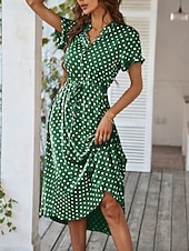 preiswerte Streifen- und geometrische Kleider-Damen Midikleid A Linie Kleid Urlaub Lässig Outdoor Ausgehen Normale Passform Tupfen Kurzarm Umlegekragen Blau Marineblau Weiß Rosa Sommer Frühling