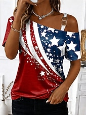  American Independence Day Women's T Shirt Tee Top Print Graphic Stylish Classic Casual Short Sleeve Asymmetric Neck Regular Tops Daily Going out Weekend Blue Red Red / Blue Summer Spring