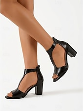 preiswerte Absatzsandalen-Schwarze Damen-Sandalen mit Blockabsatz – elegante, mittelhohe Schuhe mit T-Riemen und Knöchelunterstützung für Büro und Alltag &amp;halbformelle Veranstaltungen
