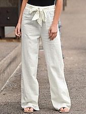 billiga Raka byxor-Dam Brett skaft Långbyxor Casual byxor Semester Mode Streetwear Fullängd Hög midja Slät Snörning Ficka Elastisk midja Komfort Oelastisk Dagligen Semester Gata Svart Vit Marinblå Grön Sommar Vår Höst