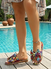preiswerte Frauen-Bunte, flache Damen-Sandalen mit Schleife und weicher Sohle, verspielte Boho-Sandalen zum Hineinschlüpfen für den Alltag, Strandspaziergänge, Festivals und entspannte Outdoor-Aktivitäten
