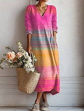 cheap Stripe&amp;Geometric Dress-Women's Midi Dress Sundress A Line Dress Vacation Casual Boho Holiday Regular Fit Ombre Graphic Geometric Long Sleeve V Neck Yellow Pink Orange Summer Spring