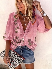 Недорогие Цветочные блузки-Жен. Рубашка С принтом Омбре Цветочный принт Графика Богемия Винтаж Повседневные Рукав 3/4 V-образный вырез Обычные топы Повседневные Праздники Одежда для пляжа