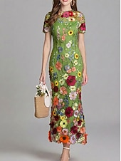 Недорогие Коктейльные платья-Платья для вечеринок русалки винтажное платье свадьба свадебный гость до щиколотки короткий рукав круглый вырез тюль с вышивкой