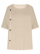 preiswerte Hemden-Damen Bluse Hemd aus Leinenimitat Knöpfe Einfarbig Stilvoll Basic Lässig Halbarm Rundhalsausschnitt Normale Oberteile Täglich Blau Schwarz Weiß Armeegrün Rote Sommer Frühling Herbst