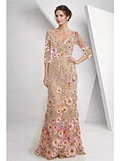 cheap Floor Length-A-Line Floor Length Mother of the Bride Dress Half Sleeve V Neck Elegant Vintage Formal Lace Tulle with 3D Flowers Embroidery Flower