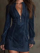 economico Abito Boho Western-Per donna Mini Abito Vestito Casual Abito Elegante Elegante Moda Moderno Quotidiano All'aperto Vacanza Vestibilità regolare Semplice Manica Lunga Collo Alto Blu Marrone Verde Estate Primavera Autunno