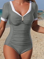 levne Černobílé plavky-Dámské Plavky Jeden kus Plavky Nabírané šaty Slátanina Volná záda prázdniny Oblečení na pláž Bez vzoru Do V Krátké rukávy Plavky