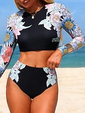 tanie Zestawy bikini-Damskie Stroje kąpielowe Bikini 2 szt Majtki Kostium kąpielowy Szczupła Odkryte plecy Urlop Stroje plażowe Kwiaty Okrągły dekolt Długi rękaw Kostiumy kąpielowe