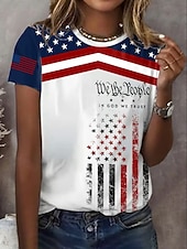رخيصةأون عيد الاستقلال الأعلى-تي شيرت نسائي وطني لعيد الاستقلال برسمة علم عتيقة أنيقة كلاسيكية بأكمام قصيرة بحافة عادية يومية عطلة مطبوعة زرقاء ربيع صيف