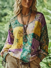 preiswerte Boho Tops-Damen Boho-T-Shirt T Shirt T-Shirt Druck Blumen Farbblock Vintage Ethnisch Lässig Langarm V Ausschnitt Lange Oberteile Täglich Wochenende Urlaubskleidung Gelb Purpur Sommer Frühling Herbst