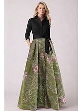 cheap Floor Length-A-Line Floor Length Shirt Dress Wedding Guest Dress Formal Dresses Mother of the Bride Dress Long Sleeve Shirt Collar Elegant Vintage Wedding Formal Nylon with Floral Print Bow(s) Slit