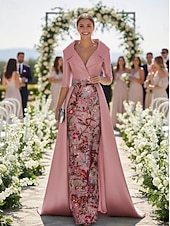 economico Lunghezza del pavimento-Linea ad A Tubino Colonna Lunghezza al pavimento Perline ricamate Abito da invitata a nozze Abito Formale Abito da cerimonia per signora Manica 3/4 Scollo a V Colletto a Camicia Elegante Vintage